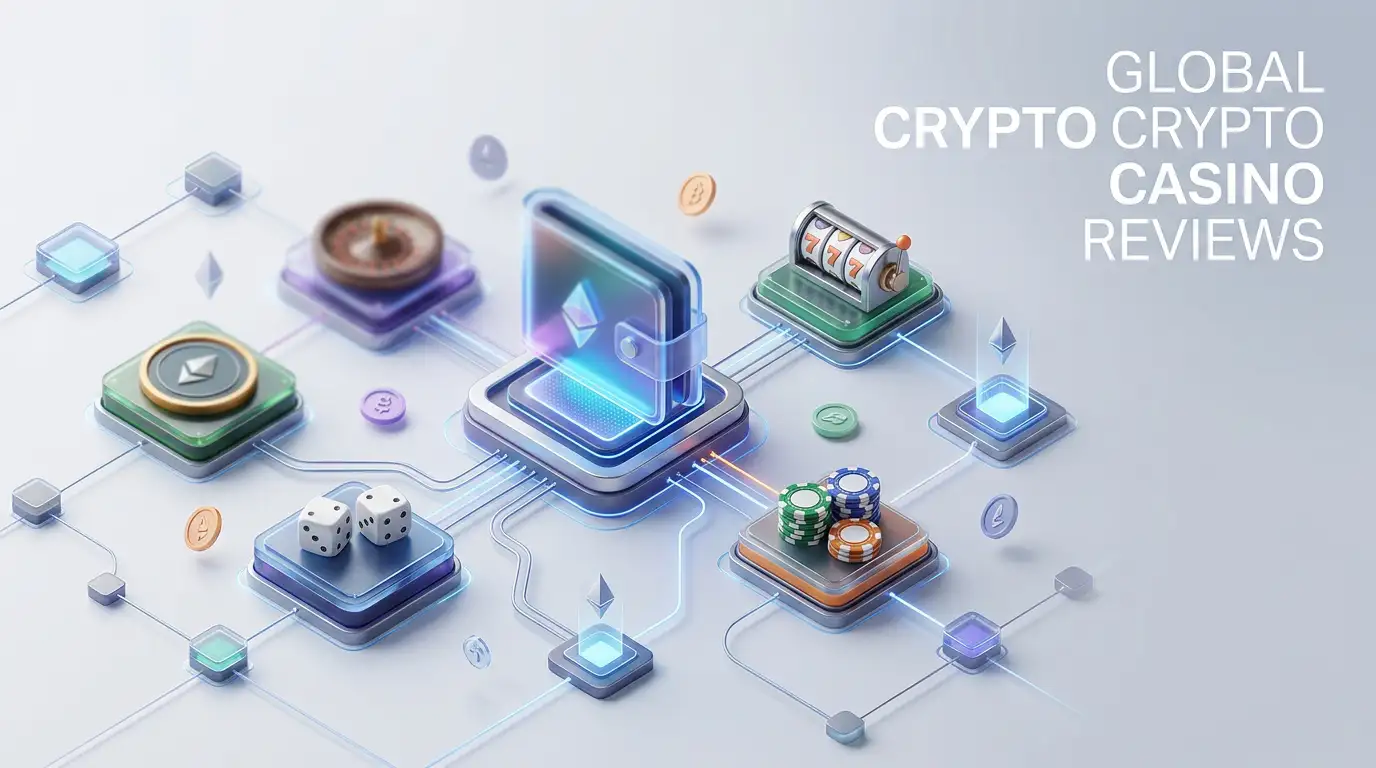 Abstract crypto wallet connected to casino game tiles and blockchain nodes