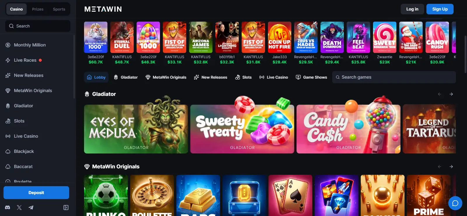 MetaWin homepage with brand identity and casino navigation