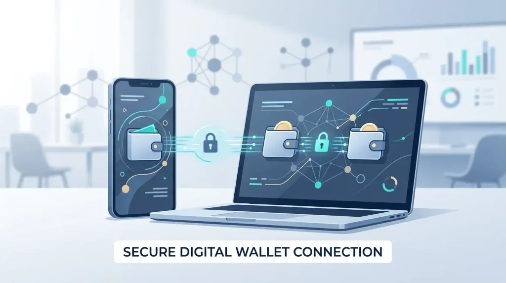 Phone and laptop showing abstract wallet connection screens beside a crypto wallet icon