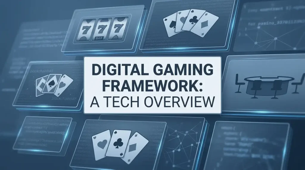 Abstract casino game tiles with slot reels, cards and blockchain verification symbols