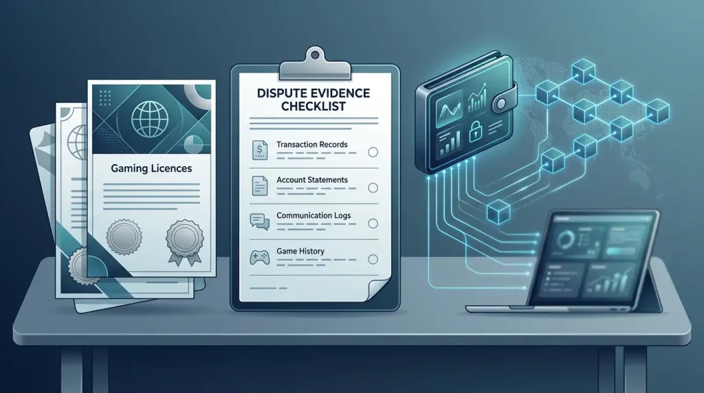 Abstract offshore gaming licence documents beside a crypto wallet and dispute checklist