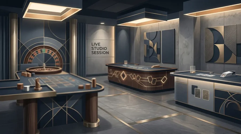 Live dealer tables with cards, roulette wheel and studio lighting
