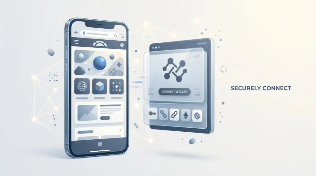 Smartphone showing an abstract casino browser layout beside a crypto wallet connection panel