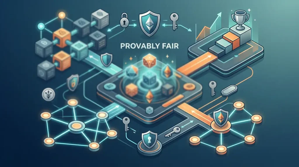 Abstract provably fair game interface with hashes, dice and blockchain nodes