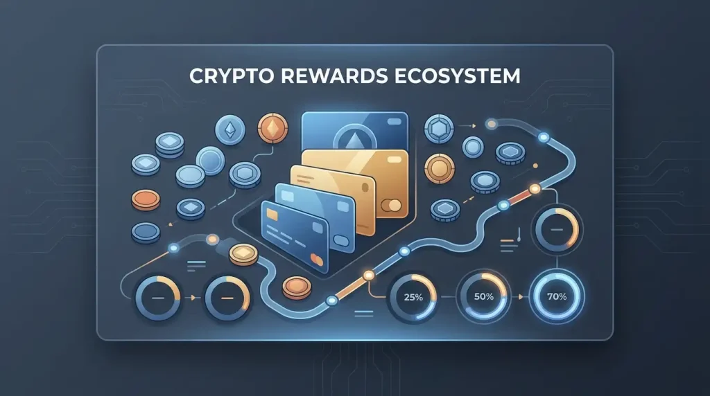 Abstract reward cards, token shapes and wagering progress markers on a digital interface