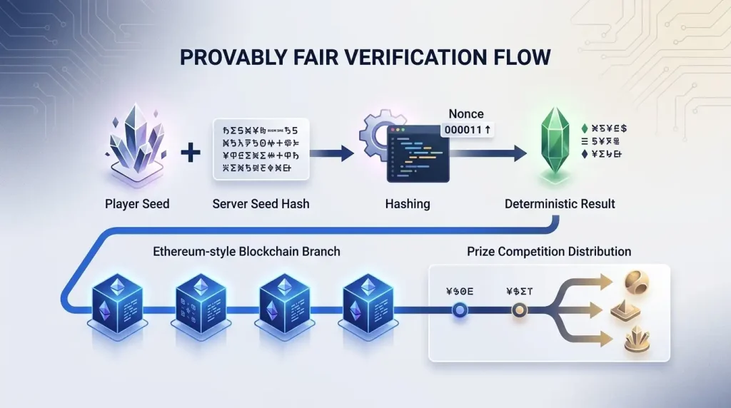 Cryptographic game verification flow with seeds, hash blocks and blockchain nodes