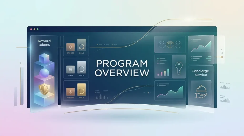 Abstract loyalty dashboard with reward tokens, tier markers and concierge-style service motifs