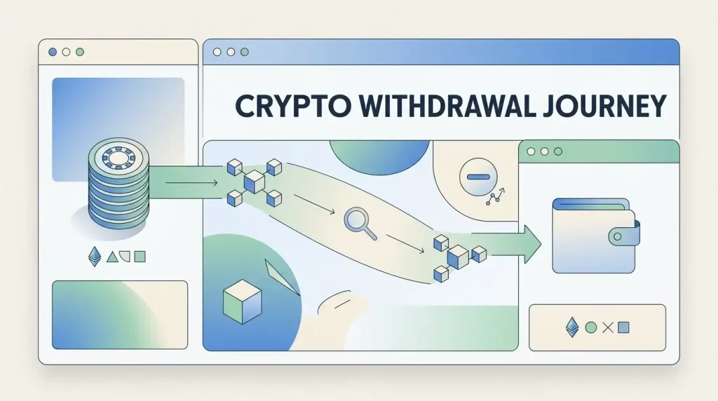 Crypto withdrawal flow with wallet, network confirmation and review-stage motifs